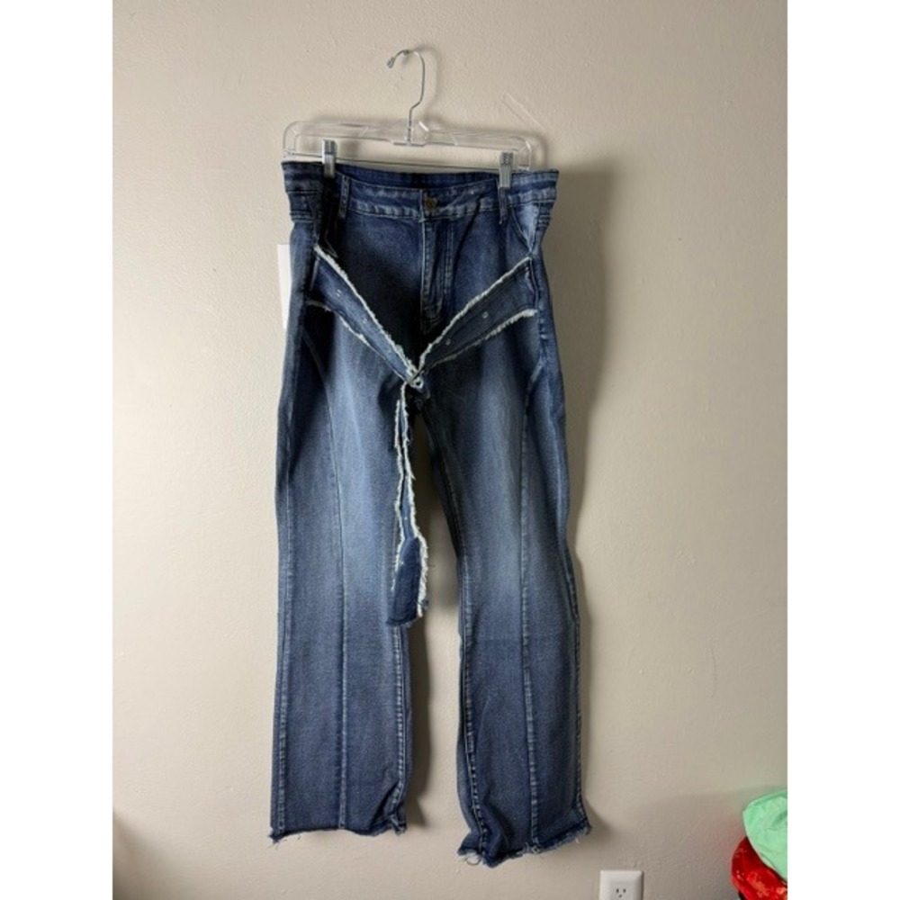 GRLS FASHION Double Waistband Deconstructed Straight Leg Jeans Blue Denim NWT